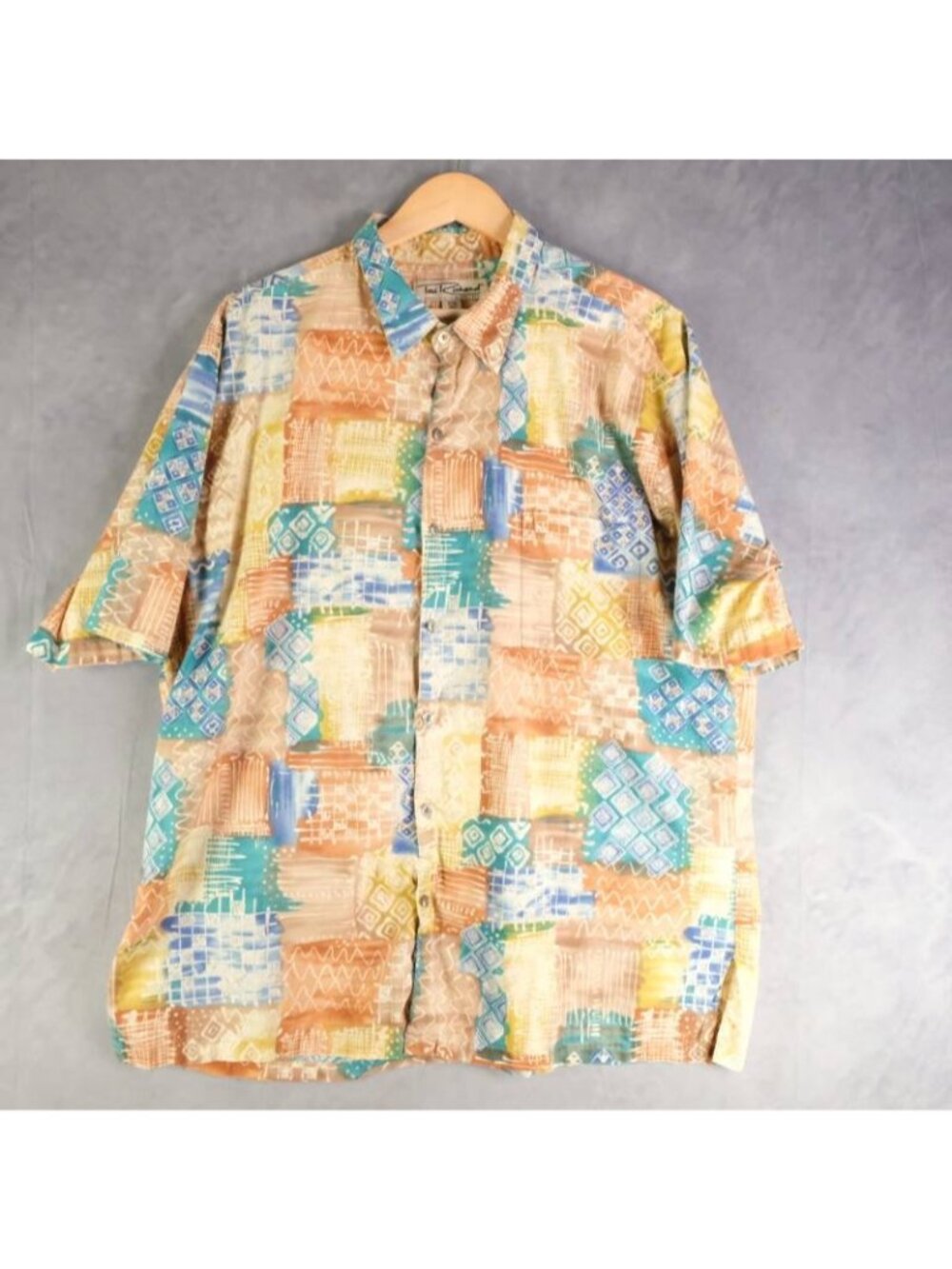 Tori Richard Shirt Mens 2XL Cotton Lawn Geometric Block Print Hawaiian Button Up